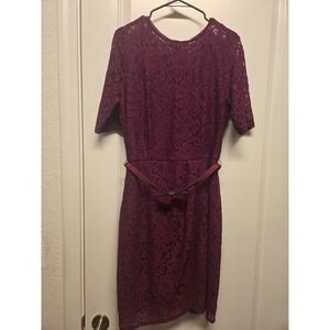 Gabby Skye Womens Wine Burgundy Floral Lace Belted Sheath Dress Size 14
